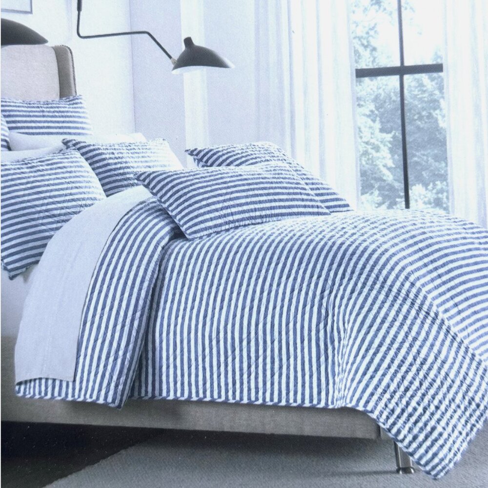 3pc BROOKS BROTHERS Linen Blend KING Quilt & Euro Pillow Set Blue White Stripes